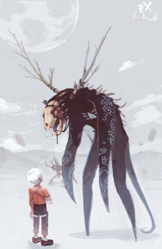 Child Facing Giant Creature — Gray