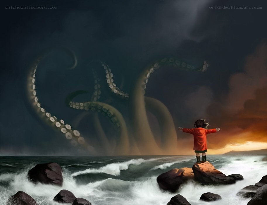 Child facing giant octopus