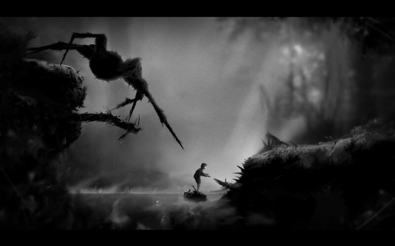Child Facing Giant Spider — Black, Dramatic