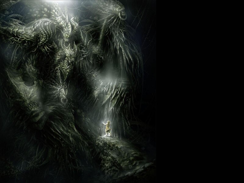 child facing monstrous creature