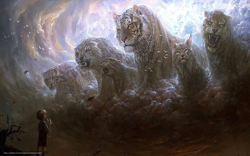 Child facing mythical beasts
