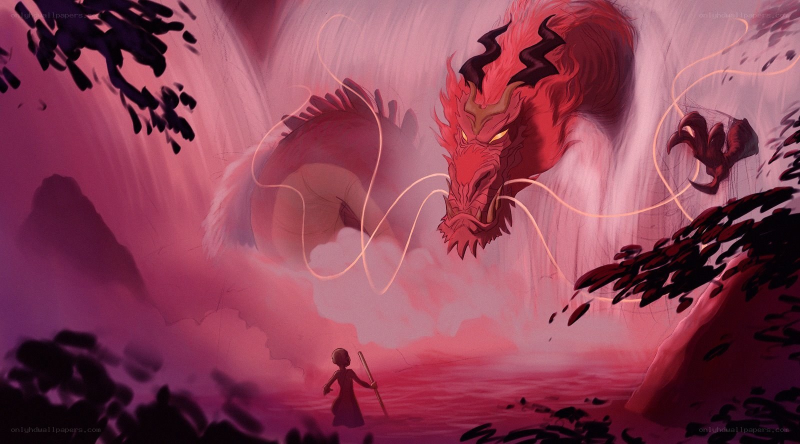 Child facing red dragon