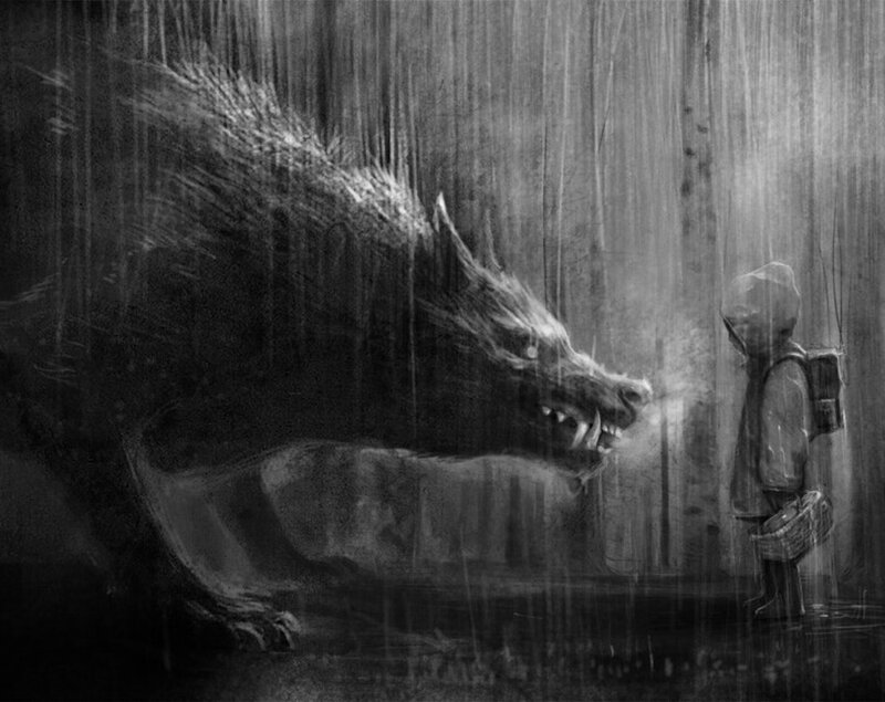 Child Facing Wolf — Black