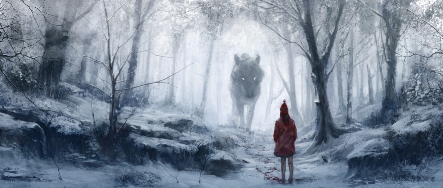 Child facing wolf in snowy forest