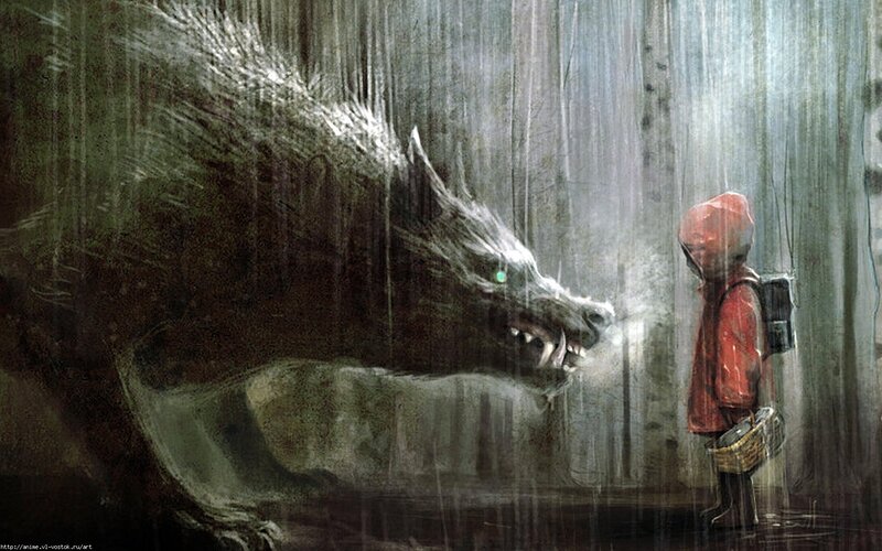 Child Facing Wolf — Red
