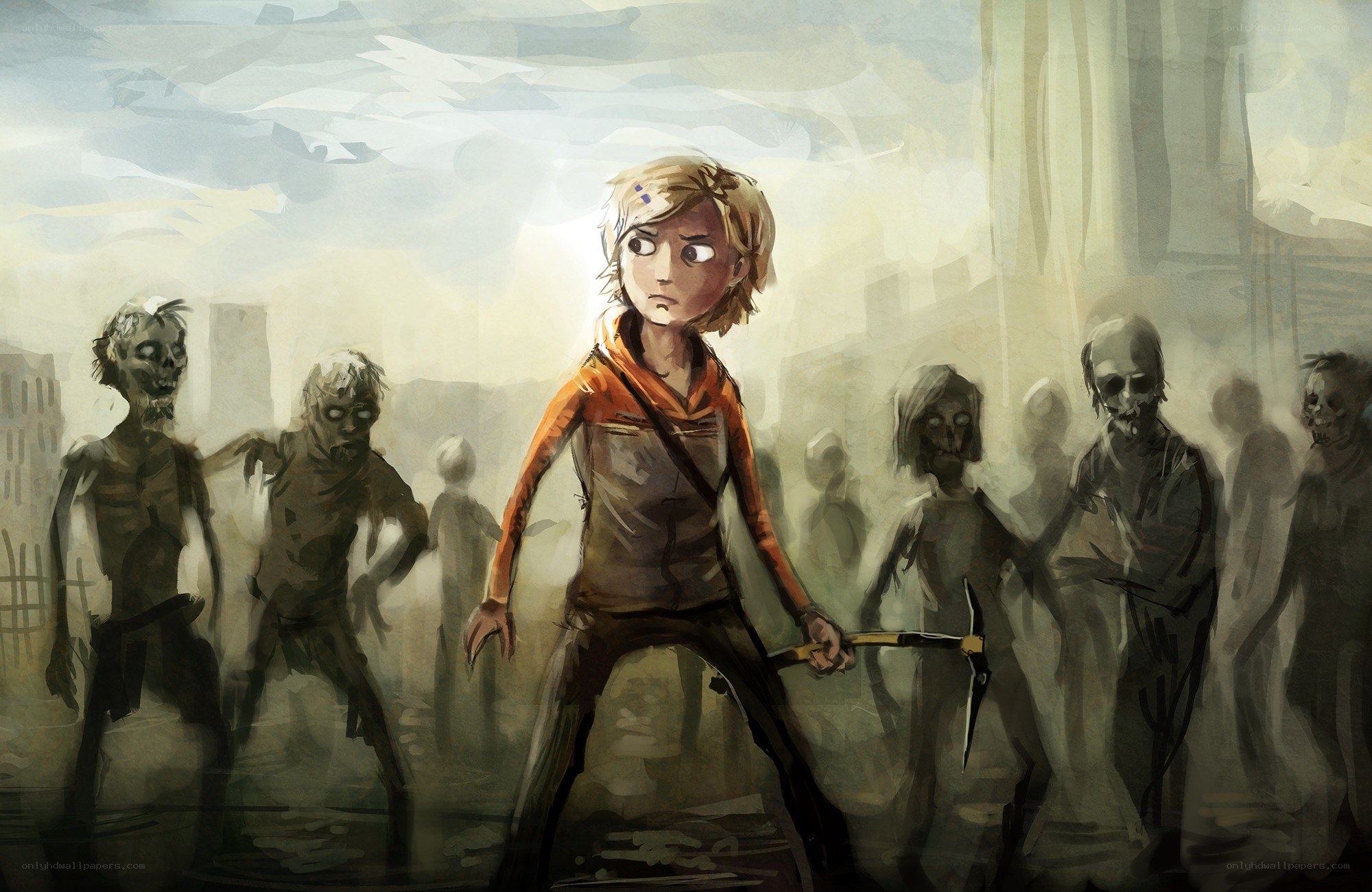 child facing zombies in ruins