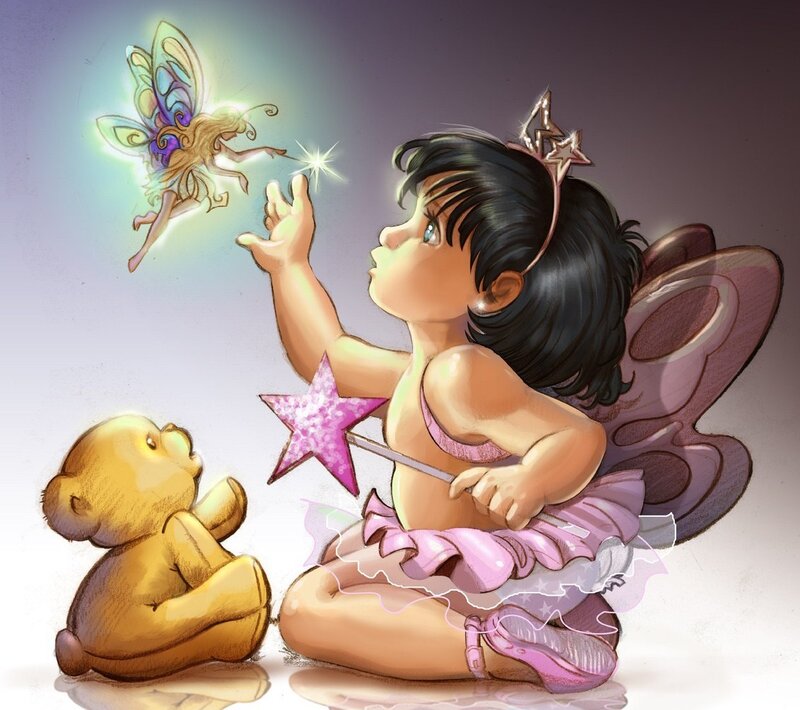 child fairy with teddy bear