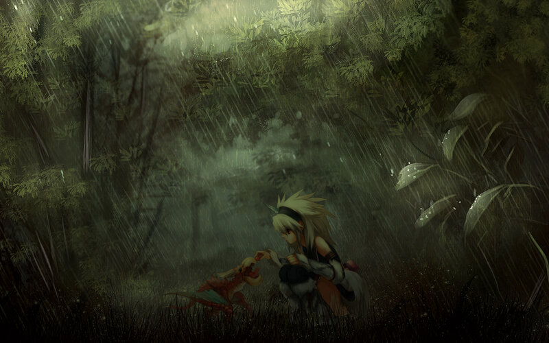 child feeding a dragon in rain