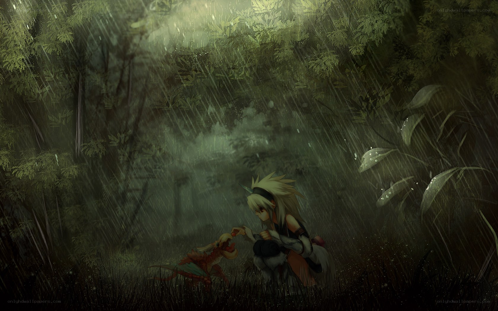 child feeding a dragon in rain