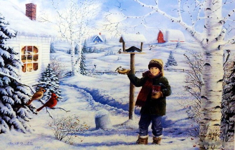 Child Feeding Birds — White, Peaceful