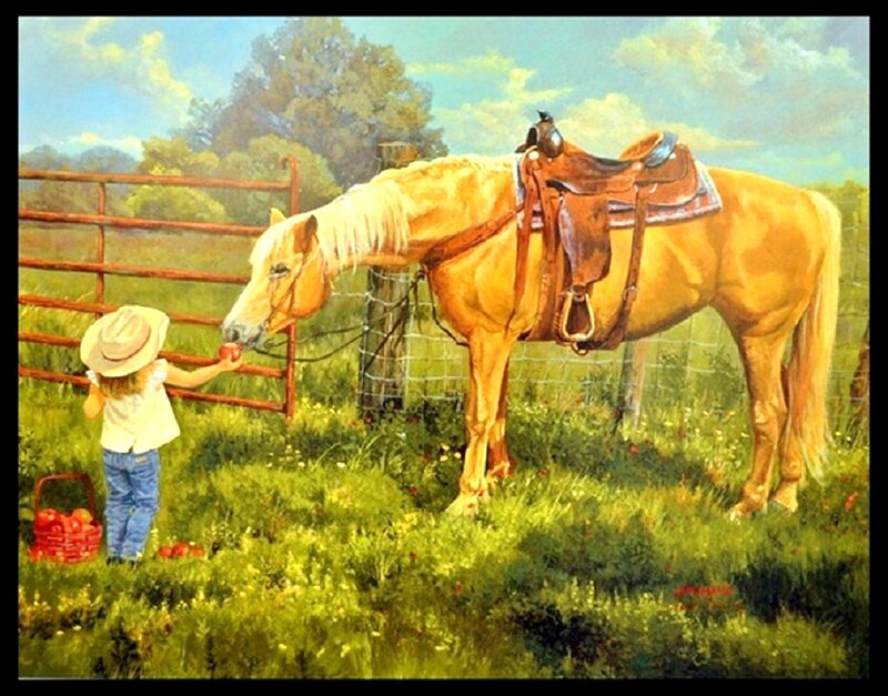 Child Feeding Horse — Green