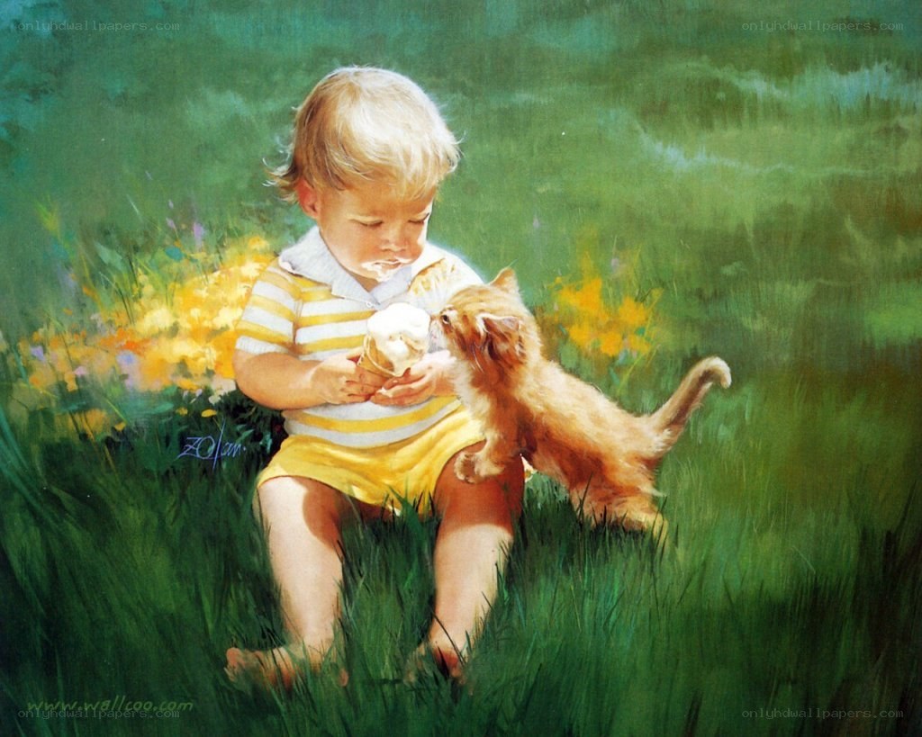Child feeding kitten ice cream