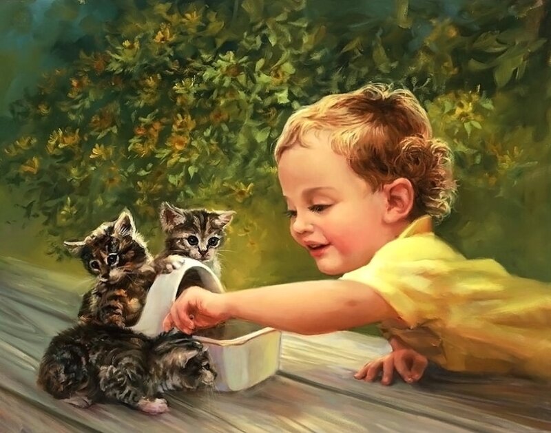 Child Feeding Kittens — Yellow