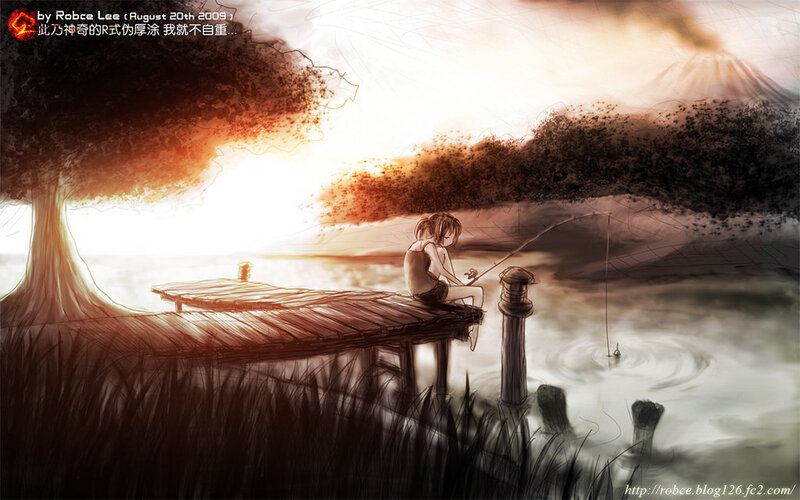 child fishing at sunset