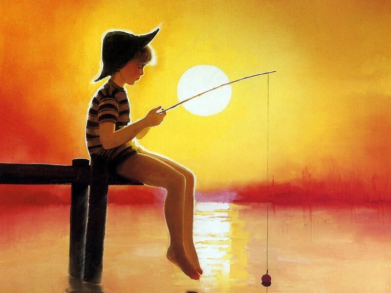 Child Fishing at Sunset — Yellow, Serene