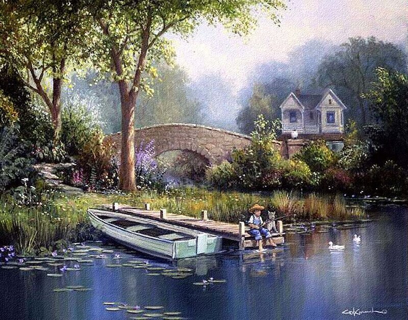 Child Fishing by a Pond