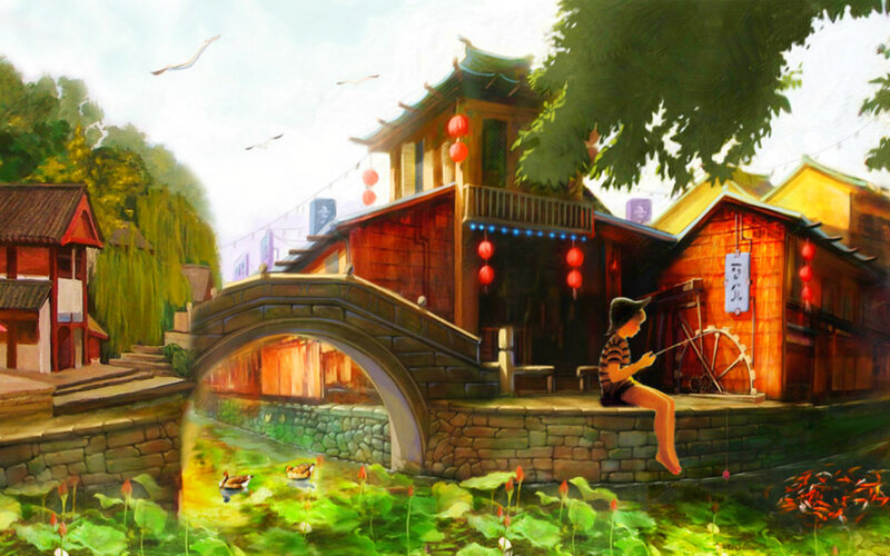 Child Fishing by Canal