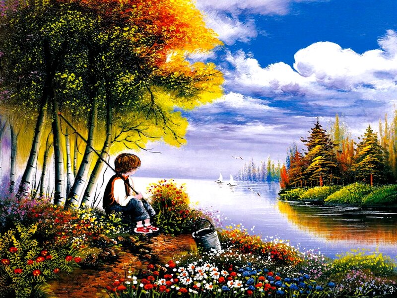Child Fishing by Lake