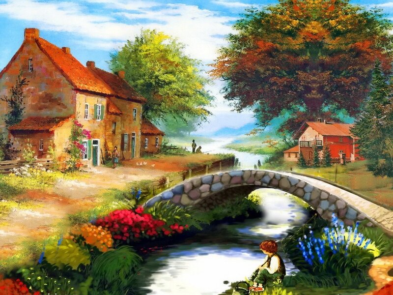 Child Fishing by River — Green
