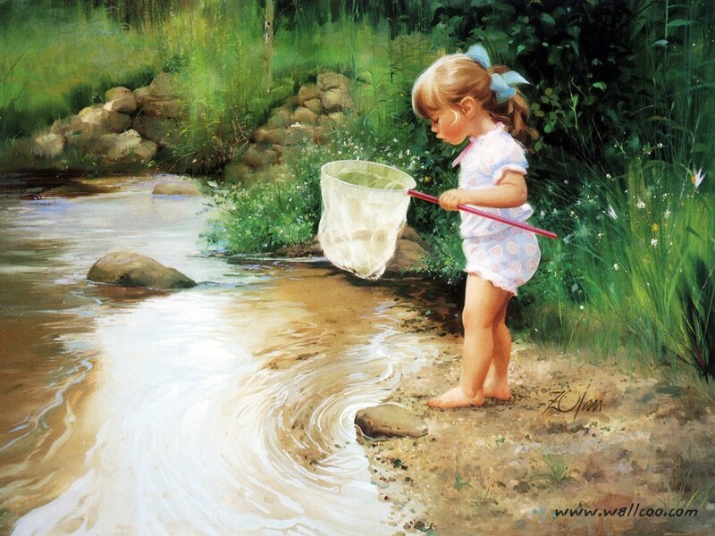 child fishing in a stream