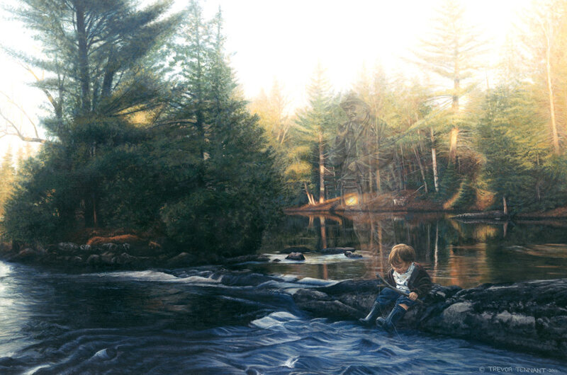Child Fishing in Stream