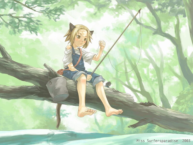 child fishing on a tree branch