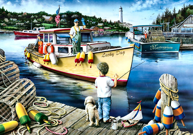 Child Fishing on Dock — Blue