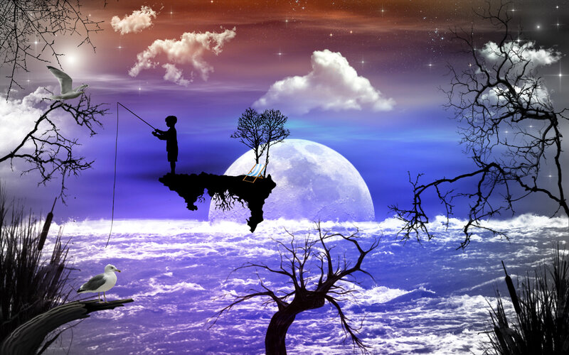 Child Fishing on Floating Island