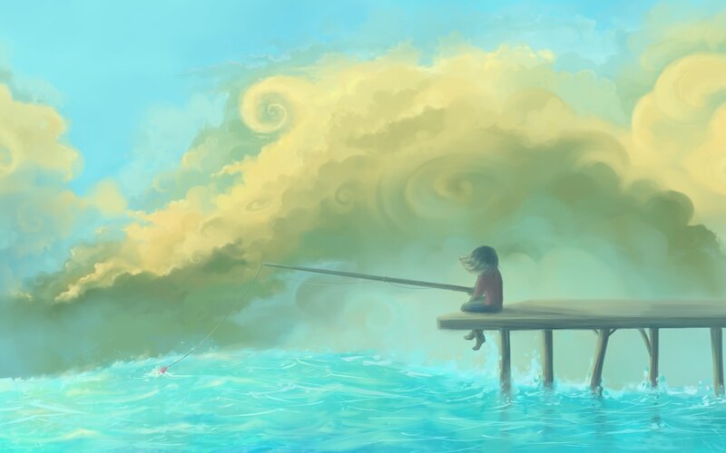 Child Fishing on Pier — Blue