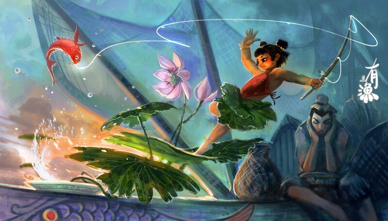 Child fishing underwater with koi
