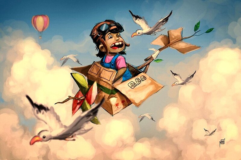 child flying a cardboard airplane
