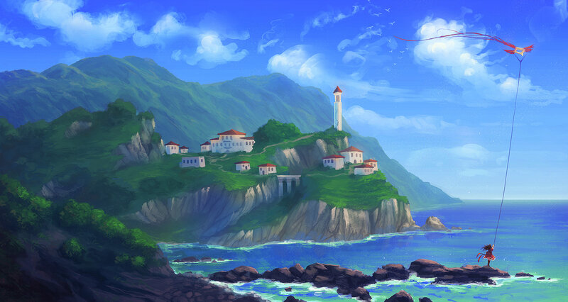 Child Flying Kite — Blue, Serene, Afternoon, Digital Art, Lighthouse