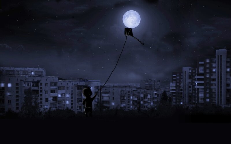 Child Flying Kite — Blue, Serene, Night, Digital Art