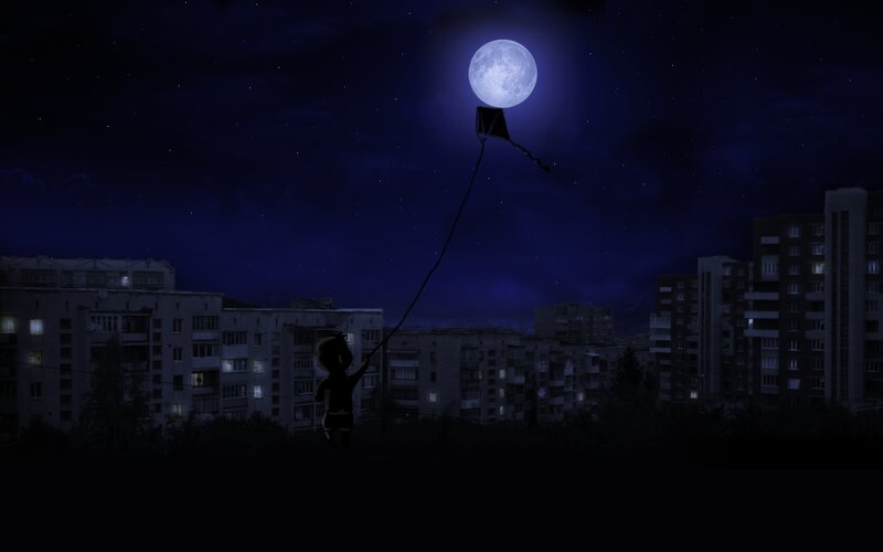 Child Flying Kite — Blue, Serene, Night