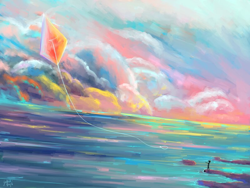 Child Flying Kite — Blue, Serene