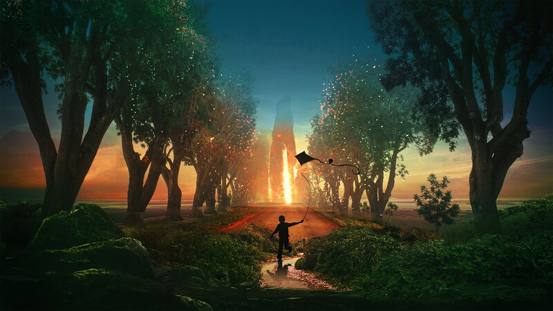 Child Flying Kite — Green, Dramatic