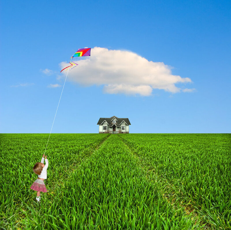 Child Flying Kite — Green, Serene