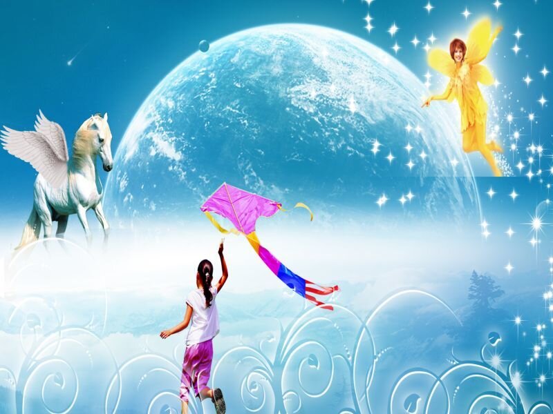 child flying kite with fairy and pegasus