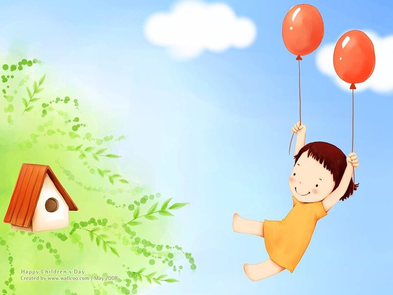 child flying with balloons