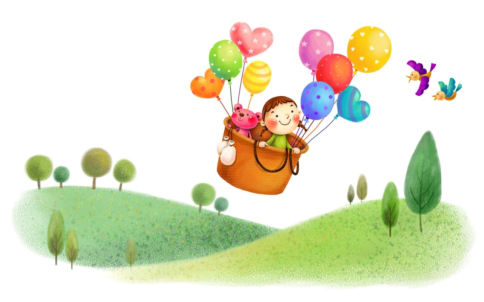 child flying with balloons