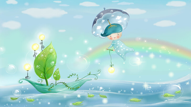 Child Flying with Umbrella — Blue