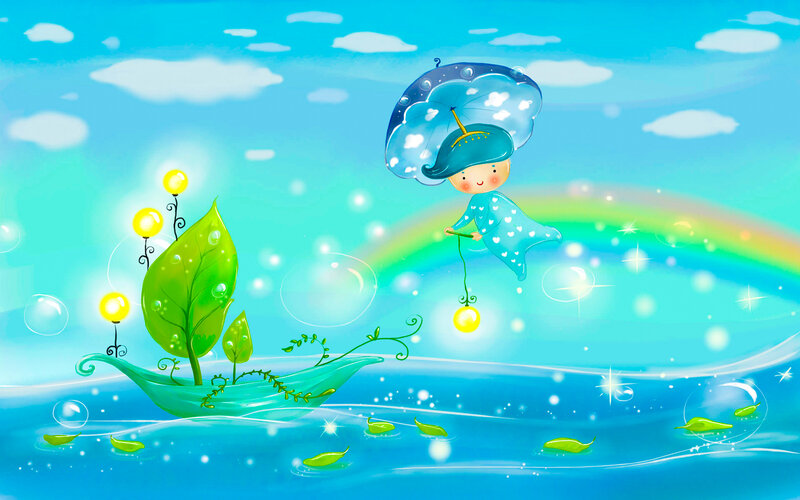 Child Flying with Umbrella — Blue, Whimsical