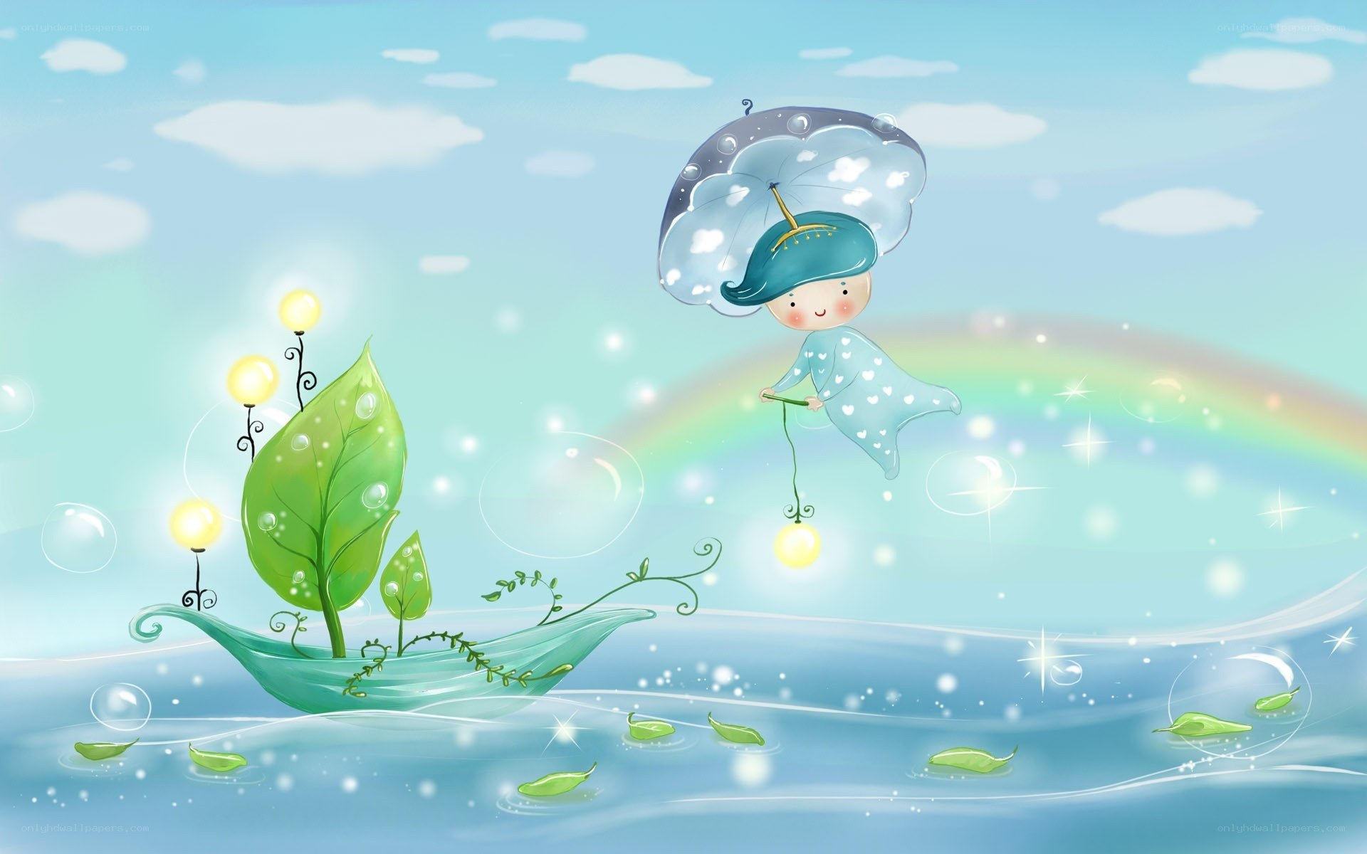 child flying with umbrella