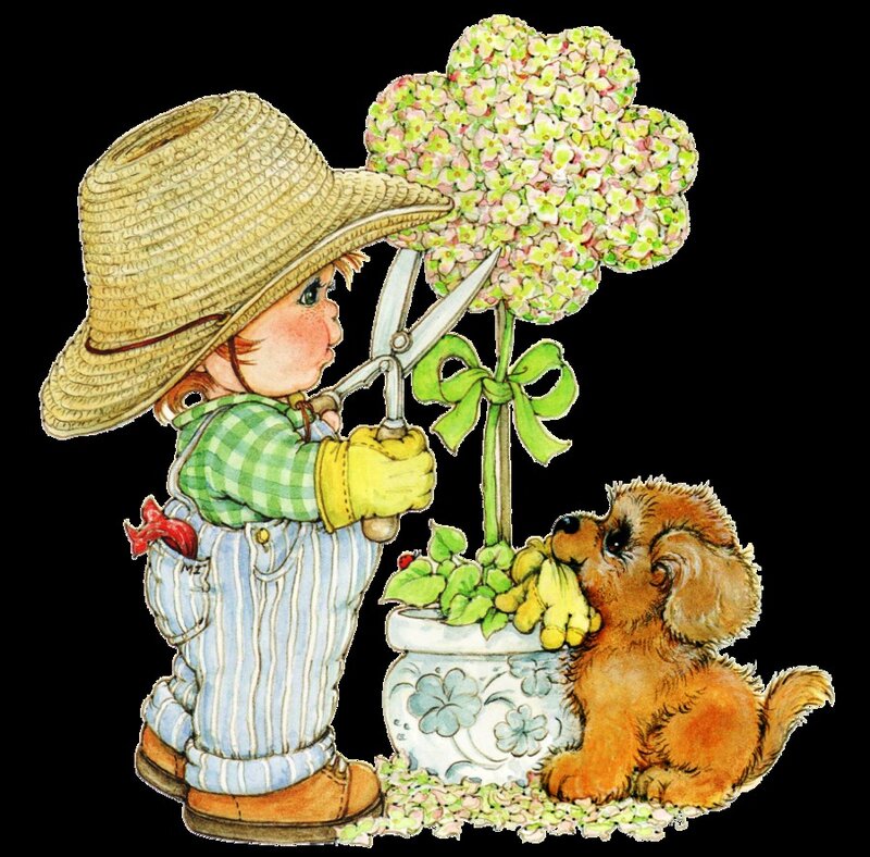 Child Gardening with Dog