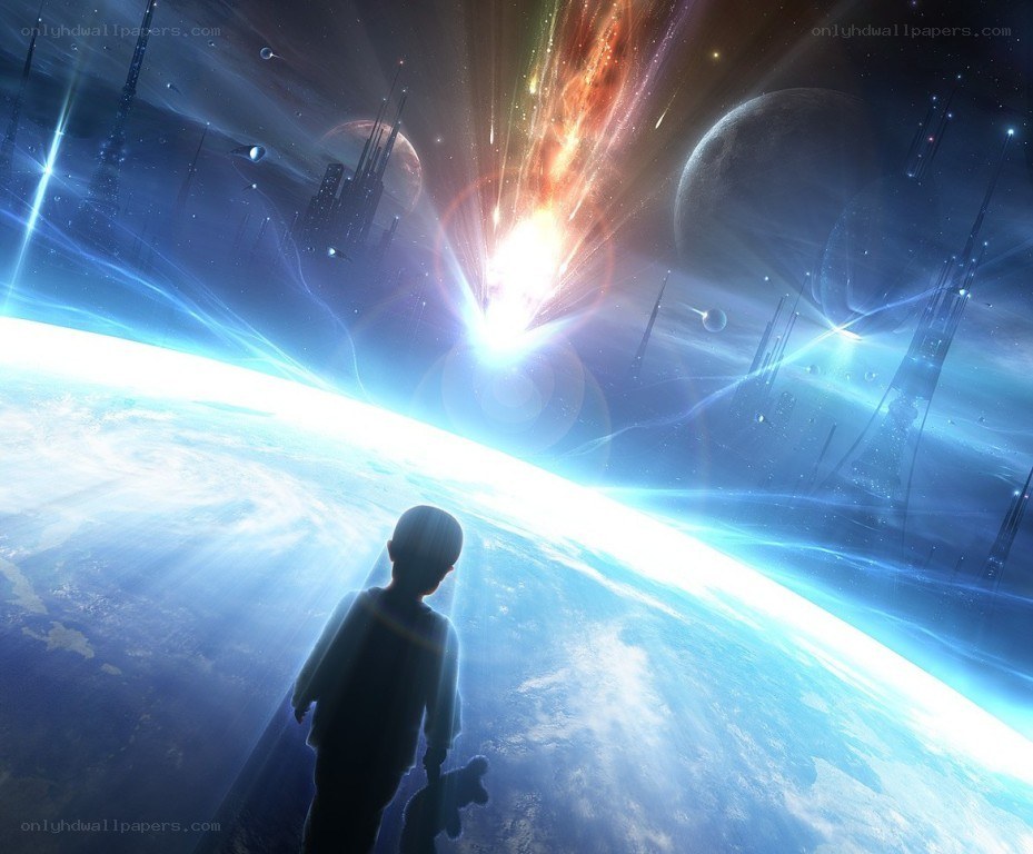 Child gazes at cosmic event