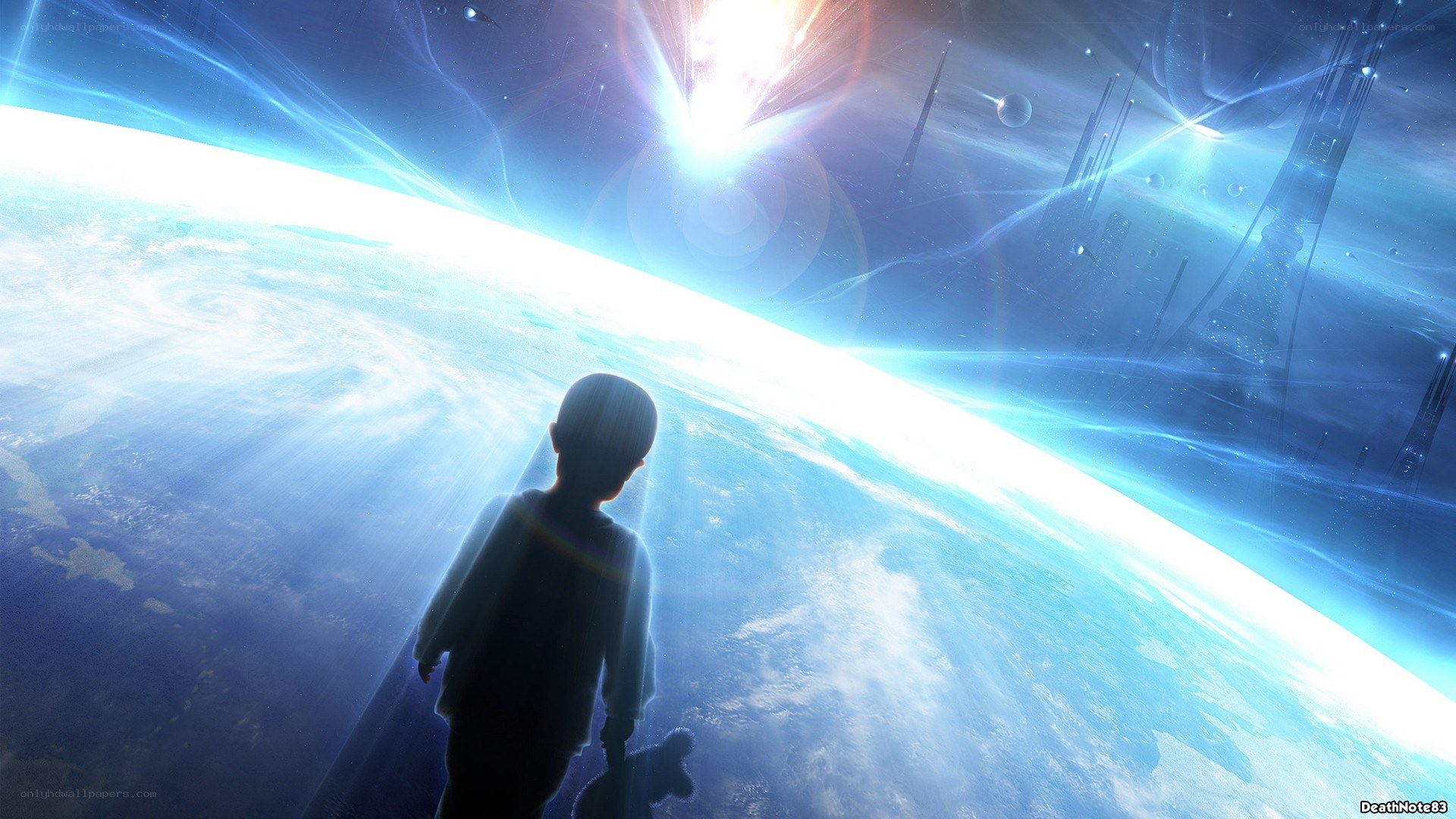 Child gazes at Earth from space