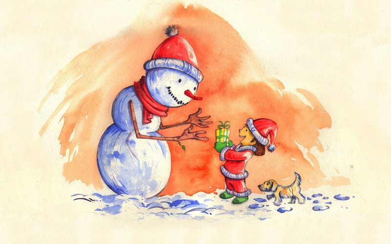 child giving gift to snowman