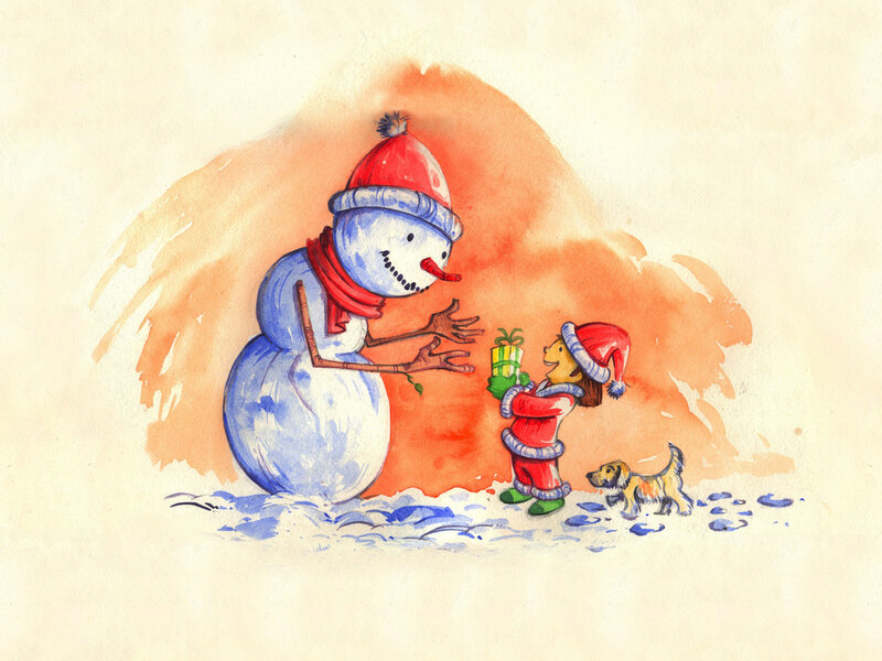 Child Giving Gift to Snowman — Blue, Festive