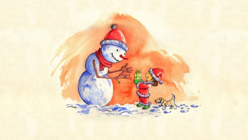 Child Giving Gift to Snowman — Blue, Festive, Winter