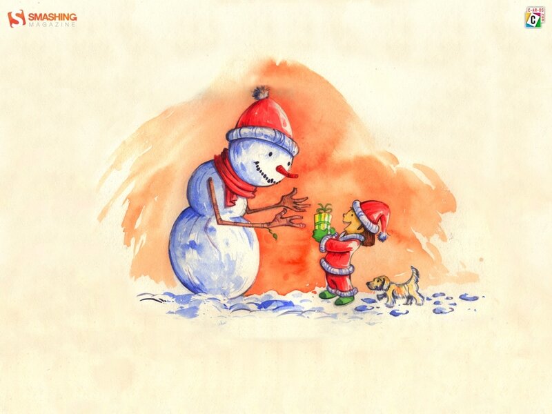 Child Giving Gift to Snowman — Blue